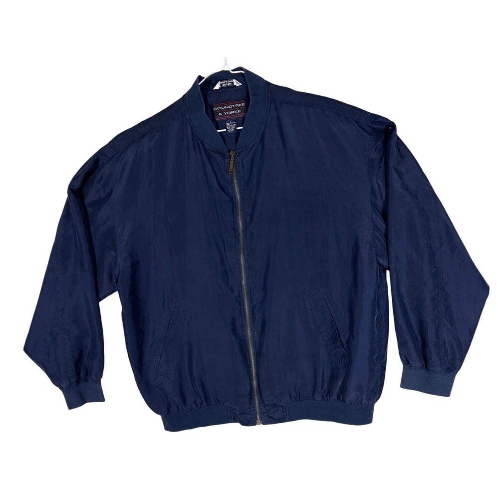 Roundtree & Yorke Mens Navy Blue 100% Silk Full Zip Bomber Jacket Large L